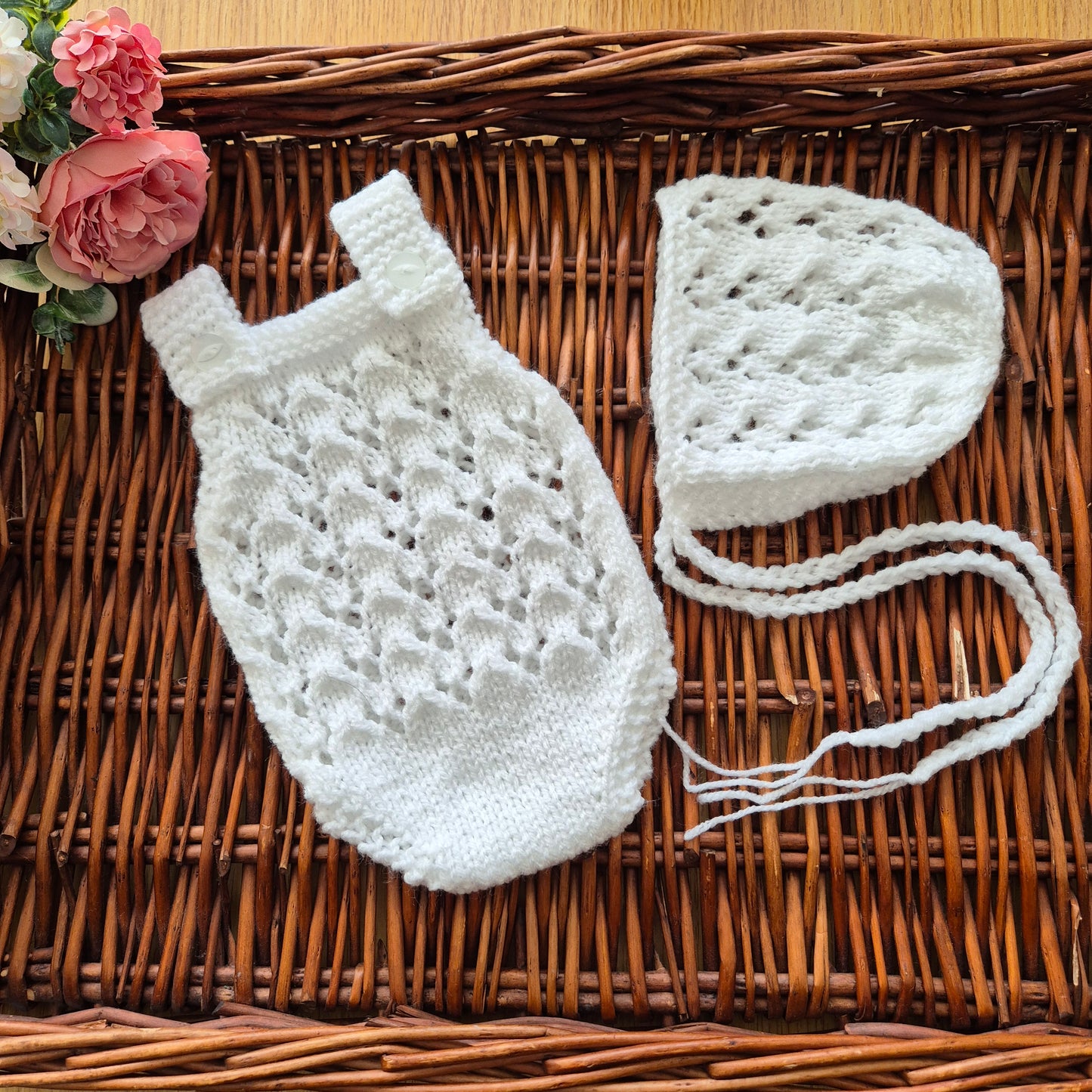 Hand Knit Lace Pattern Baby Girl Romper and Bonnet set,  Newborn Photo Prop, Baby Gift.  (Made to order) Newborn or 0-3 months sizes