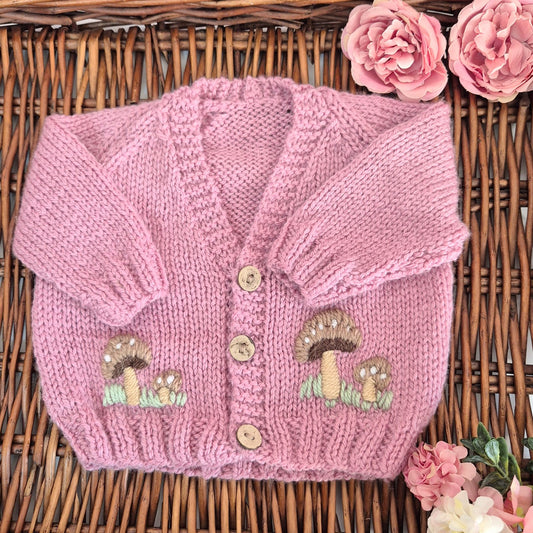 0-3 months Handmade Knitted Dusty Pink Baby Cardigan with Toadstools  (Ready to Send)