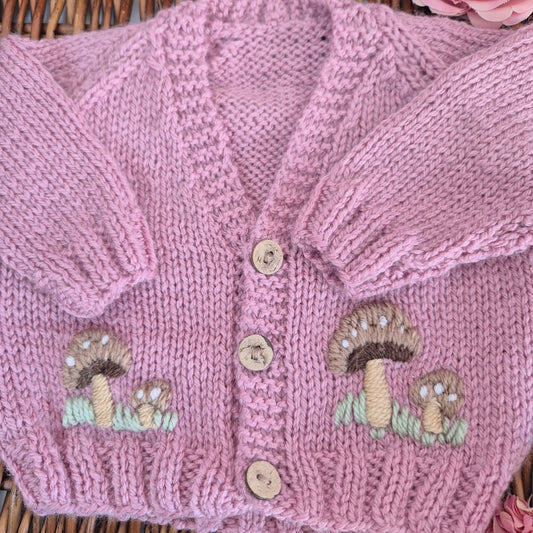 0-3 months Handmade Knitted Dusty Pink Baby Cardigan with Toadstools  (Ready to Send)
