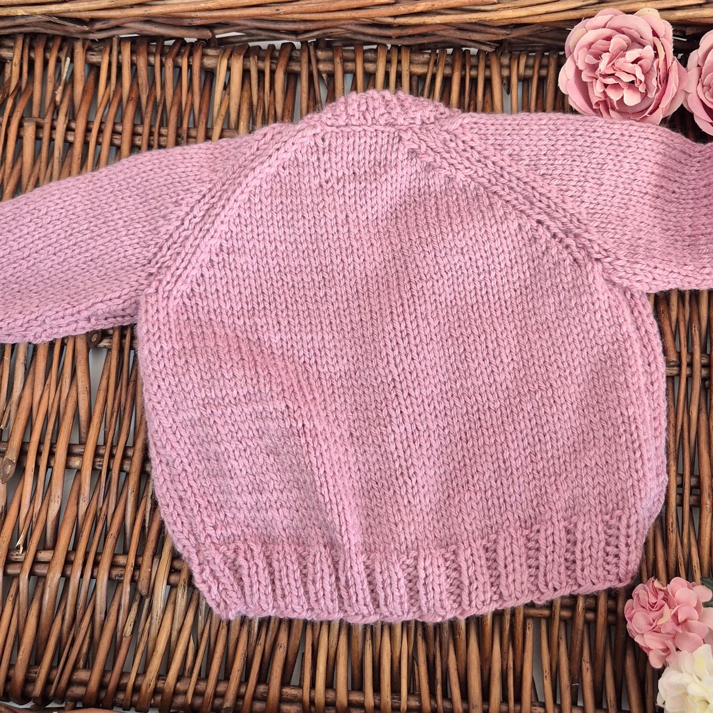 0-3 months Handmade Knitted Dusty Pink Baby Cardigan with Toadstools  (Ready to Send)