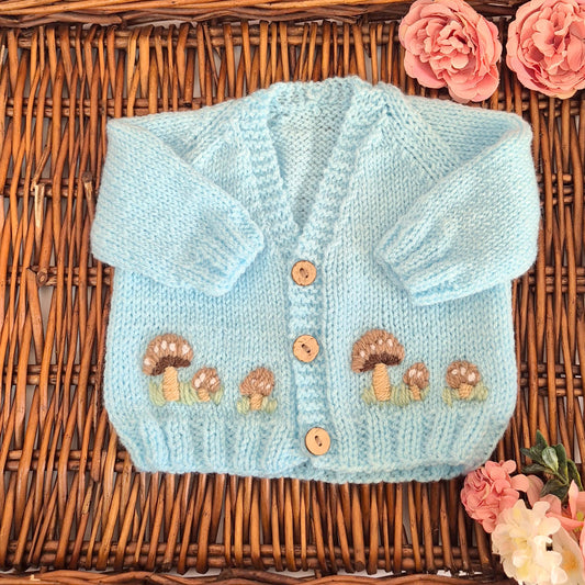 0-3 months Handmade Knitted Blue Baby Cardigan with Toadstools  (Ready to Send)