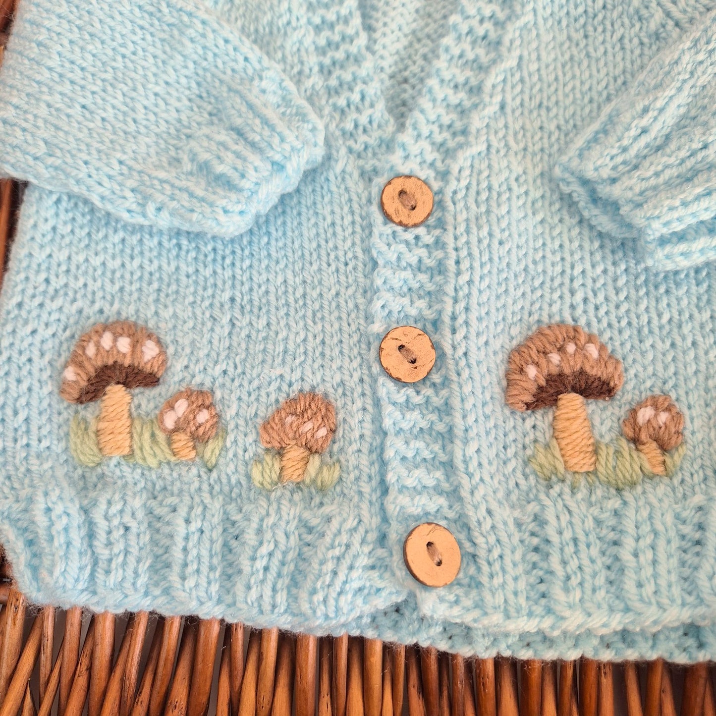 0-3 months Handmade Knitted Blue Baby Cardigan with Toadstools  (Ready to Send)