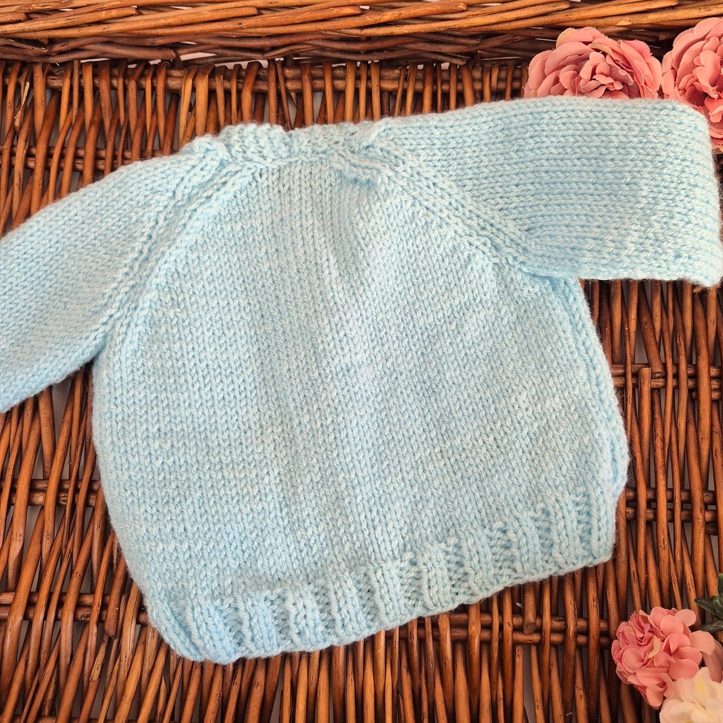 0-3 months Handmade Knitted Blue Baby Cardigan with Toadstools  (Ready to Send)