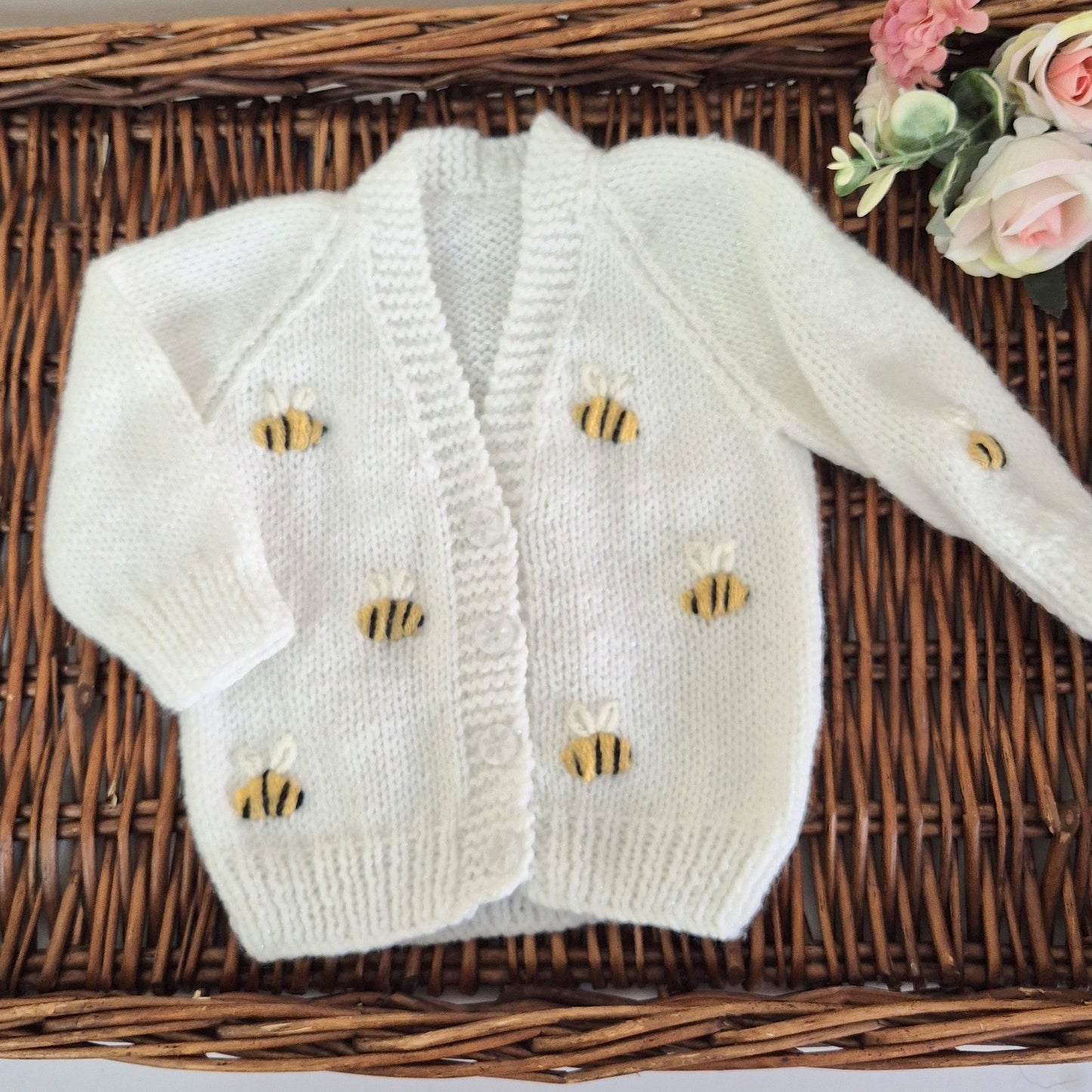 3–6 Months Knitted White Baby Cardigan with Embroidered Bumble Bees, Baby Shower Gift, Handmade UK (Ready to Send)