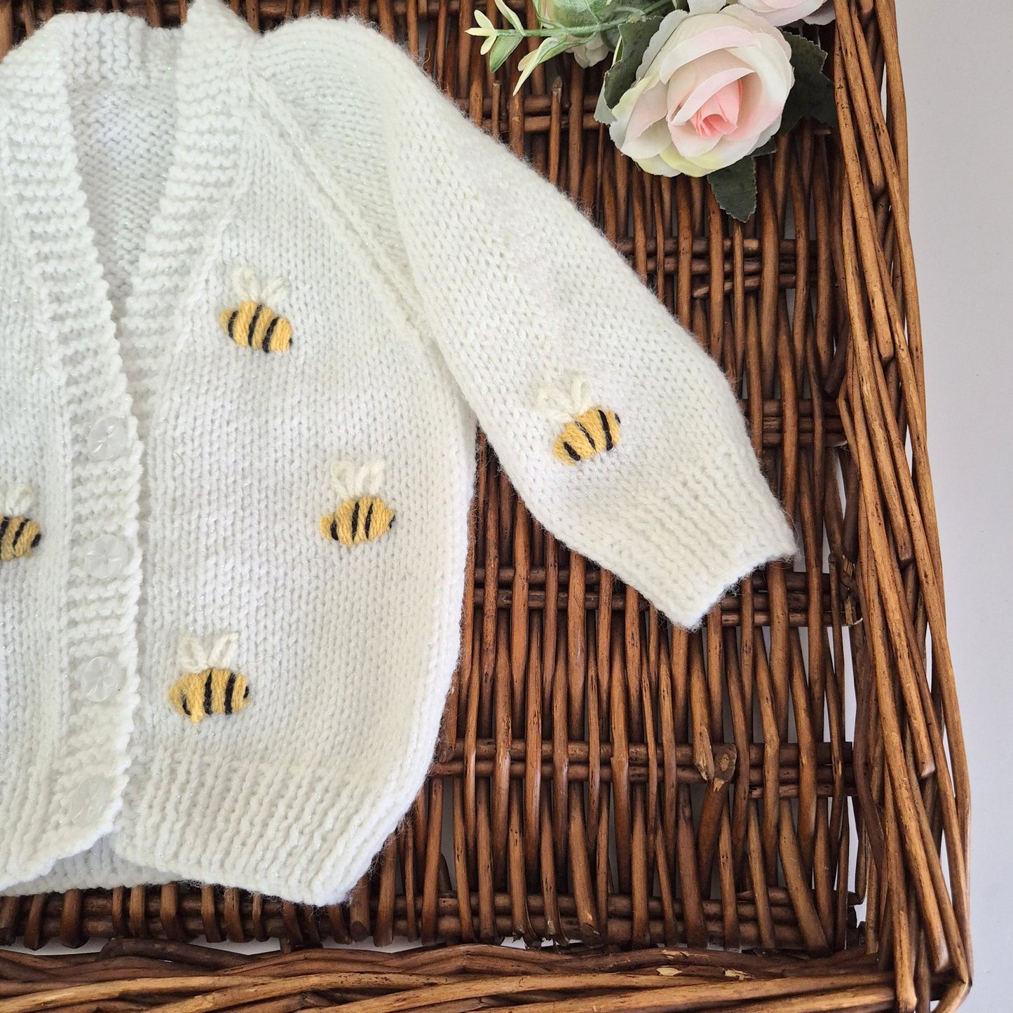 3–6 Months Knitted White Baby Cardigan with Embroidered Bumble Bees, Baby Shower Gift, Handmade UK (Ready to Send)