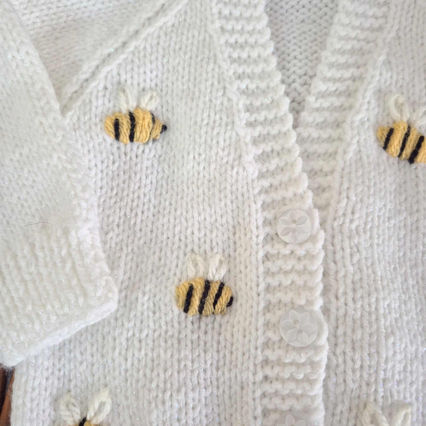 3–6 Months Knitted White Baby Cardigan with Embroidered Bumble Bees, Baby Shower Gift, Handmade UK (Ready to Send)