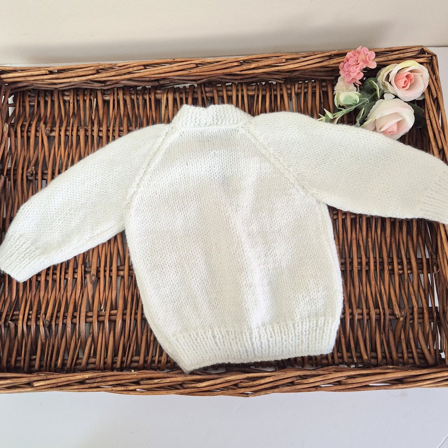 3–6 Months Knitted White Baby Cardigan with Embroidered Bumble Bees, Baby Shower Gift, Handmade UK (Ready to Send)