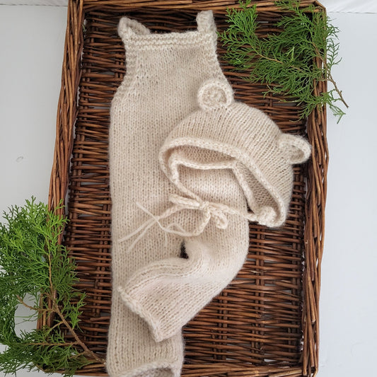 Beige 3-6 months size Bear Bonnet and Dungaree set  (READY TO SEND )