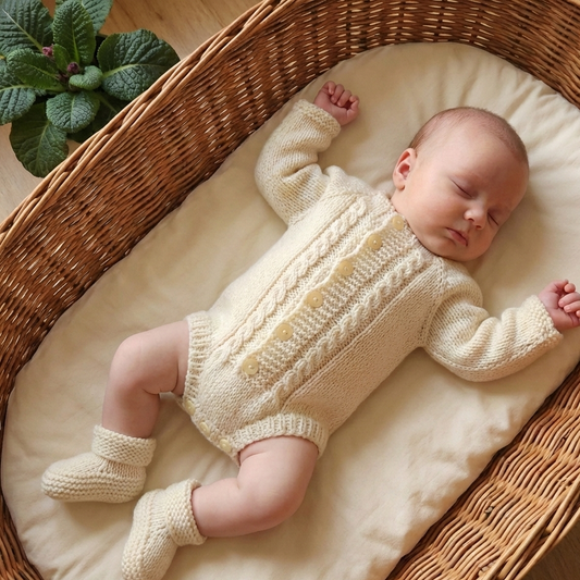 handknit cream cabled romper and bootie set for a 3 month old baby
