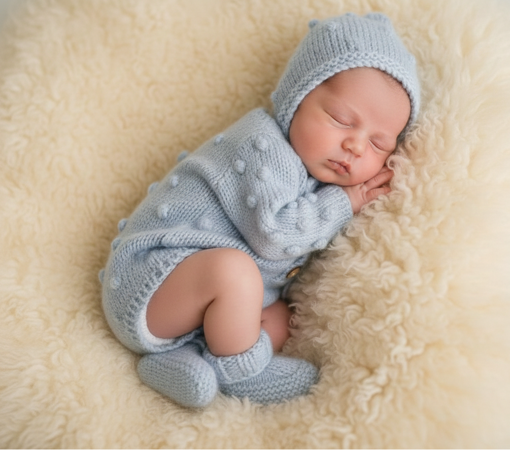 blue knitted baby romper bonnet and bootie set in soft pastel blue
