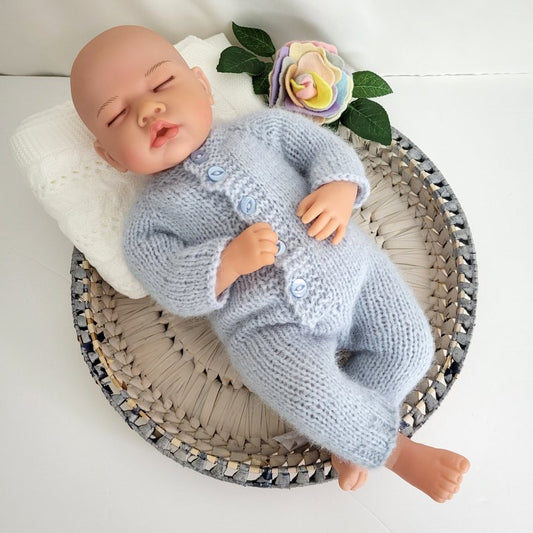 baby blue knitted footless overall pyjama set for a newborn boy
