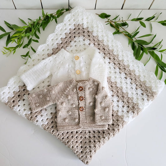 Crochet Baby Blanket and Two Cardigans Gift Set in Beige and White (READY to send)