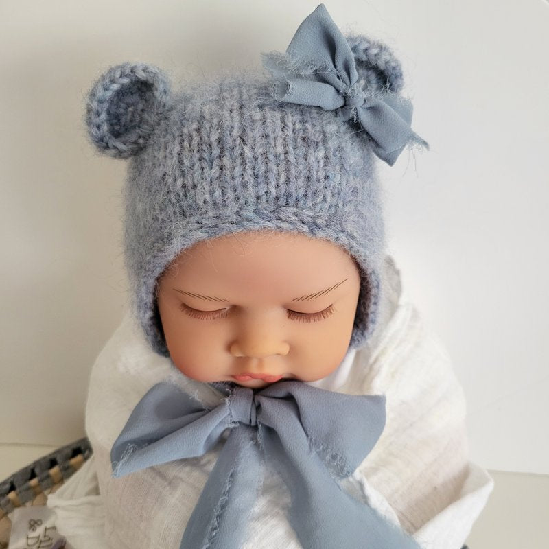 Blue Baby Bear Bonnet with Bow and Frayed Ribbon Ties Newborn size (Ready to Send)