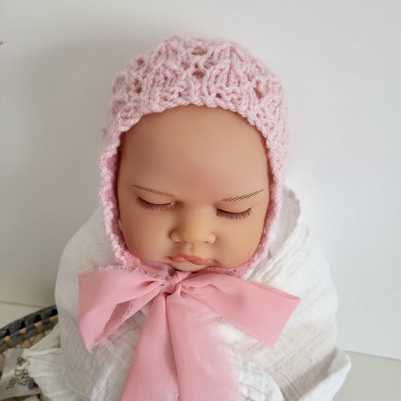 Pink Newborn Baby Girl Bonnet with Ribbon ties (Ready to Send)