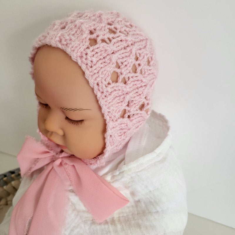 Pink Newborn Baby Girl Bonnet with Ribbon ties (Ready to Send)