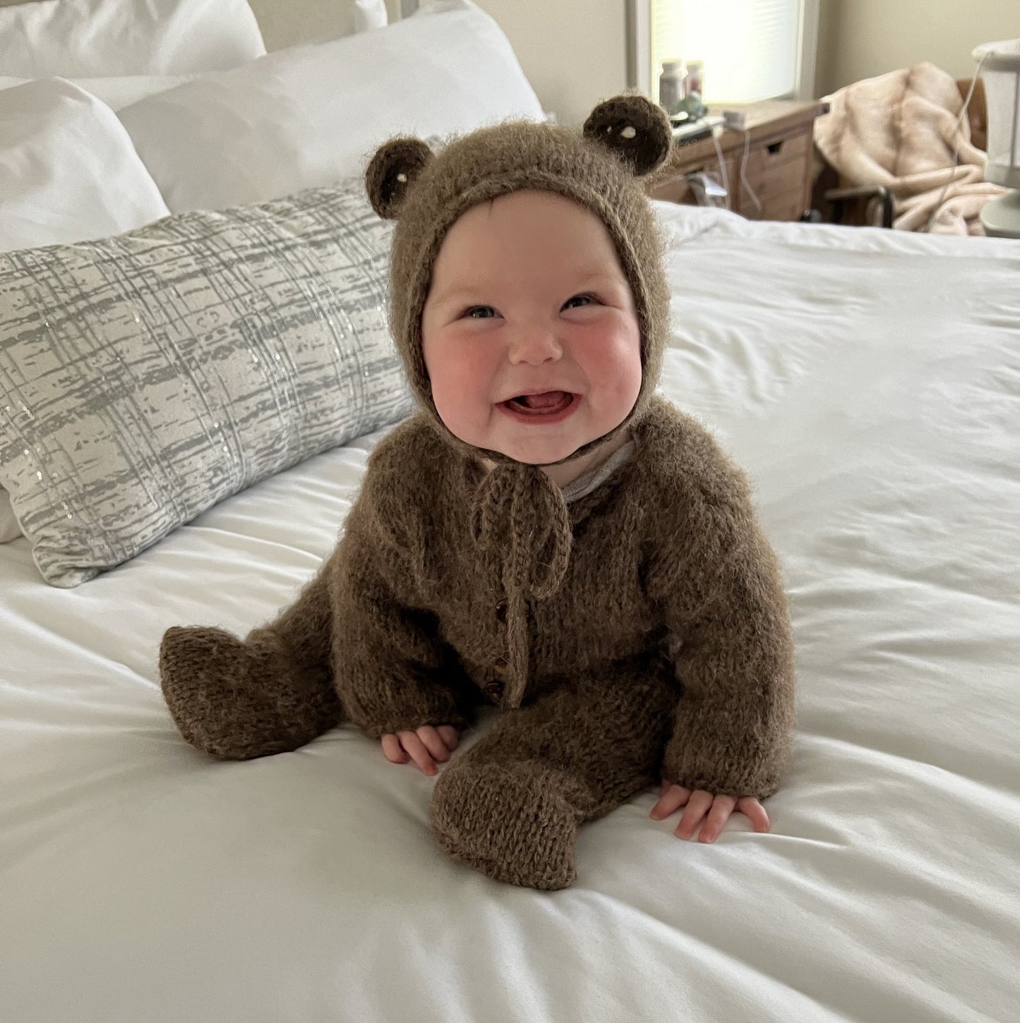 Handknit brown bear footed pajama suit for baby photo shoots
