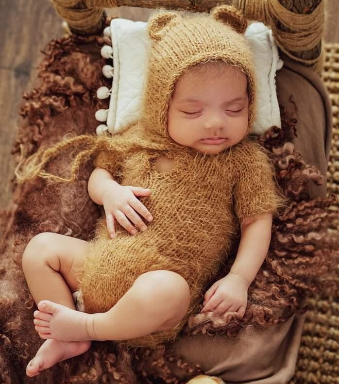Baby Boy Fuzzy Brown Newborn Romper with Bear Bonnet (Ready to send) Photo prop outfit