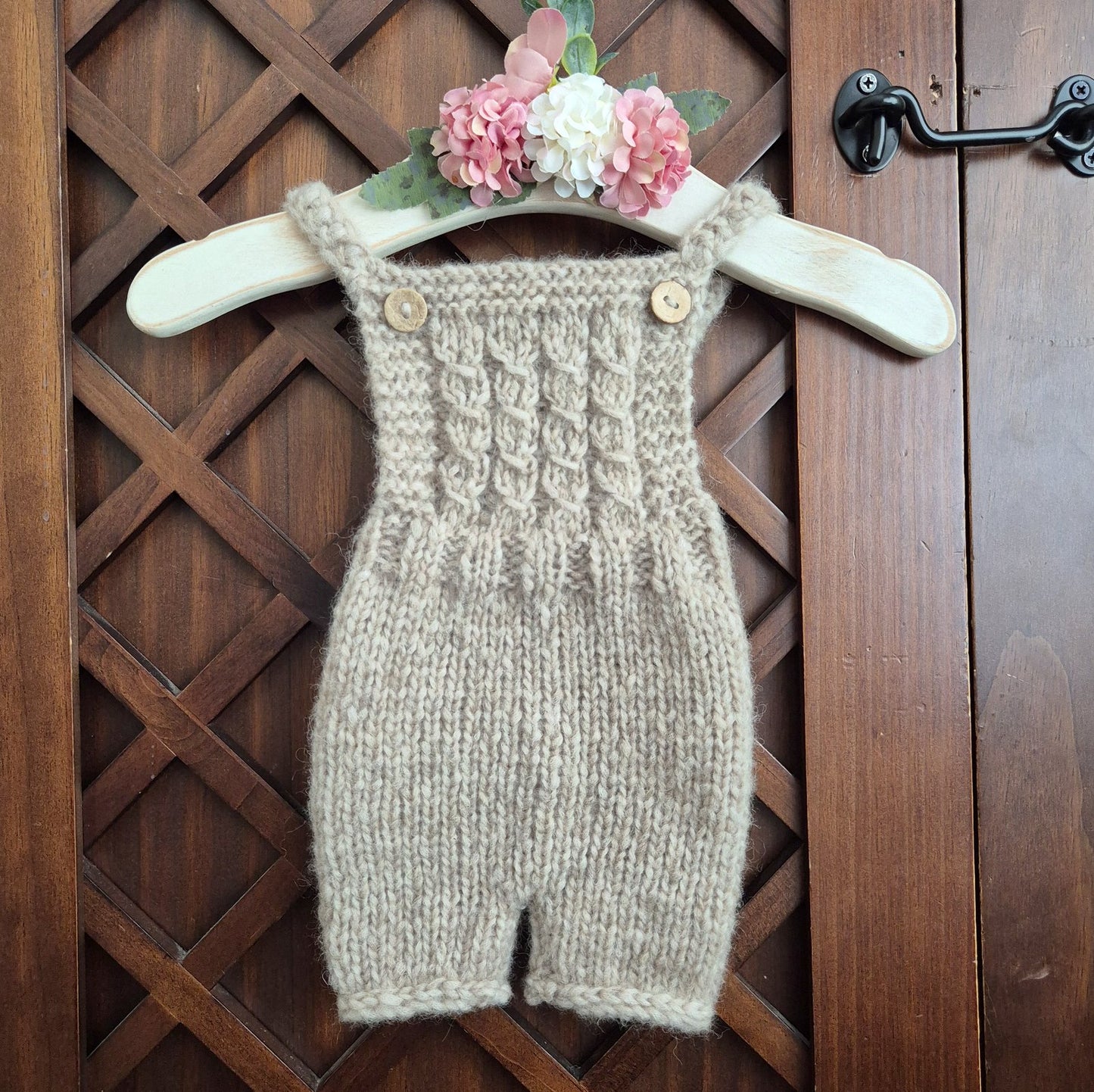 Handknit Newborn Dungaree style Romper in Brown Alpaca yarn, Photography Prop (READY TO SEND)