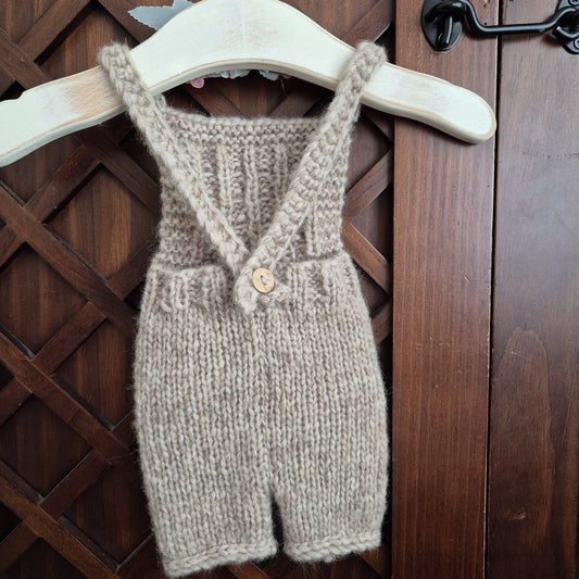 Handknit Newborn Dungaree style Romper in Brown Alpaca yarn, Photography Prop (READY TO SEND)