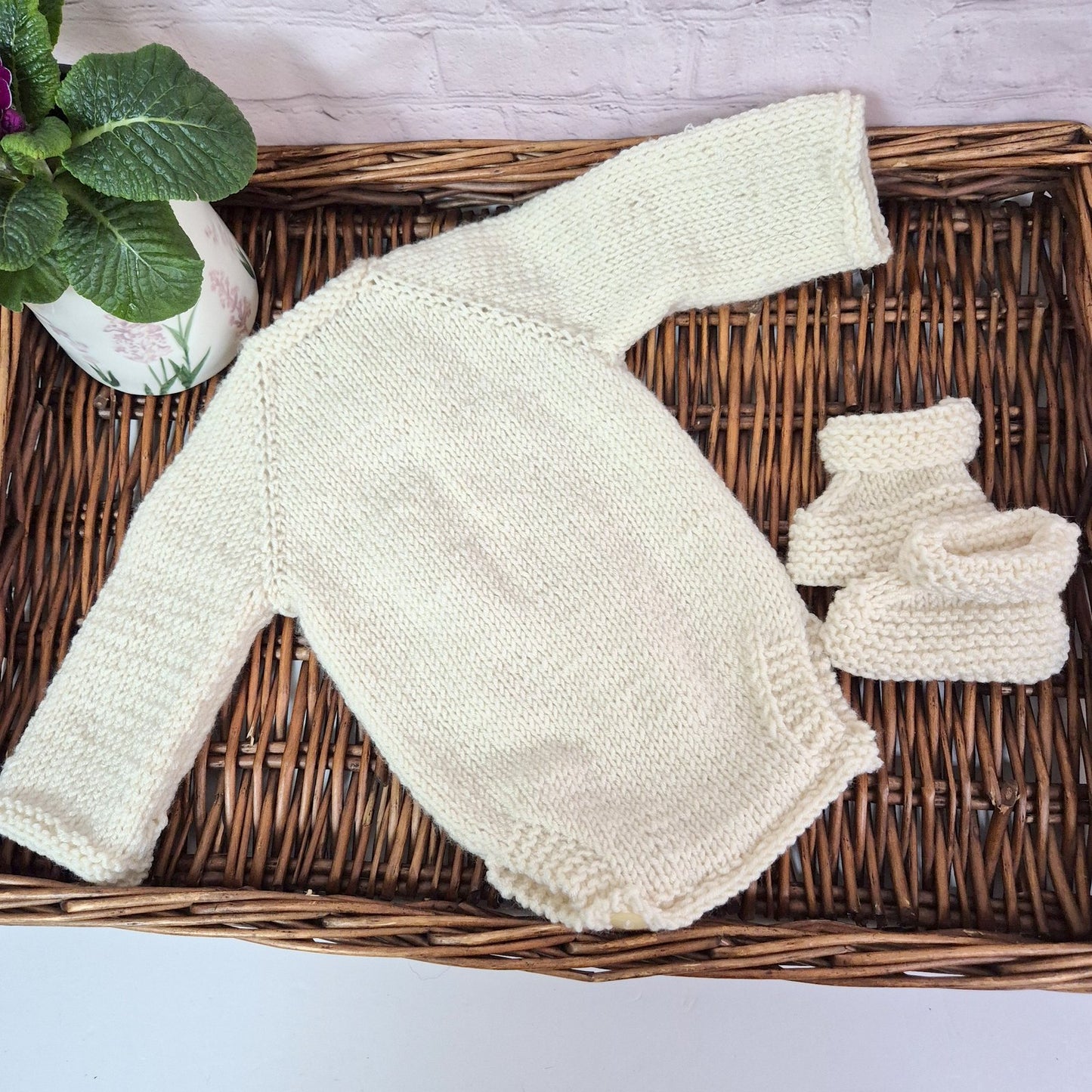 Handknit Cream Cabled Baby Romper and Bootie set .Unisex Baby Gift 0-3 months (Ready to Send)