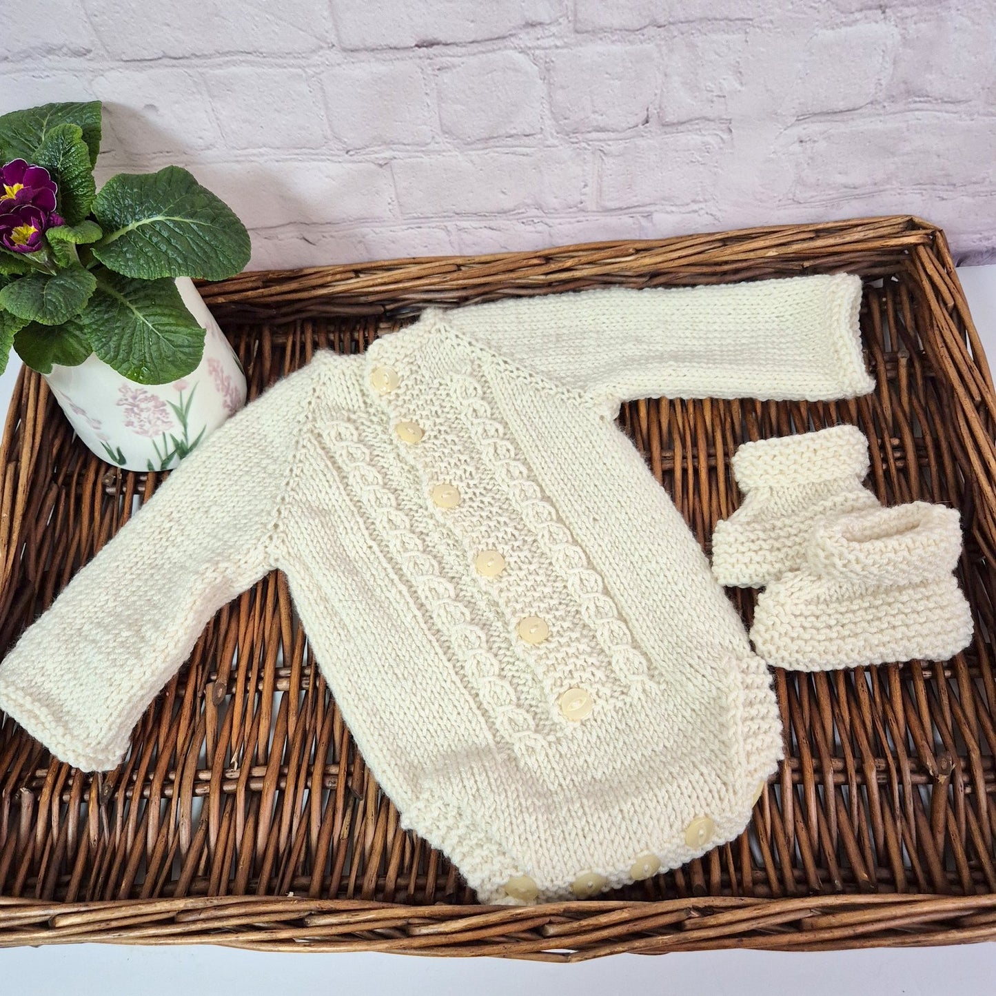 Handknit Cream Cabled Baby Romper and Bootie set .Unisex Baby Gift 0-3 months (Ready to Send)
