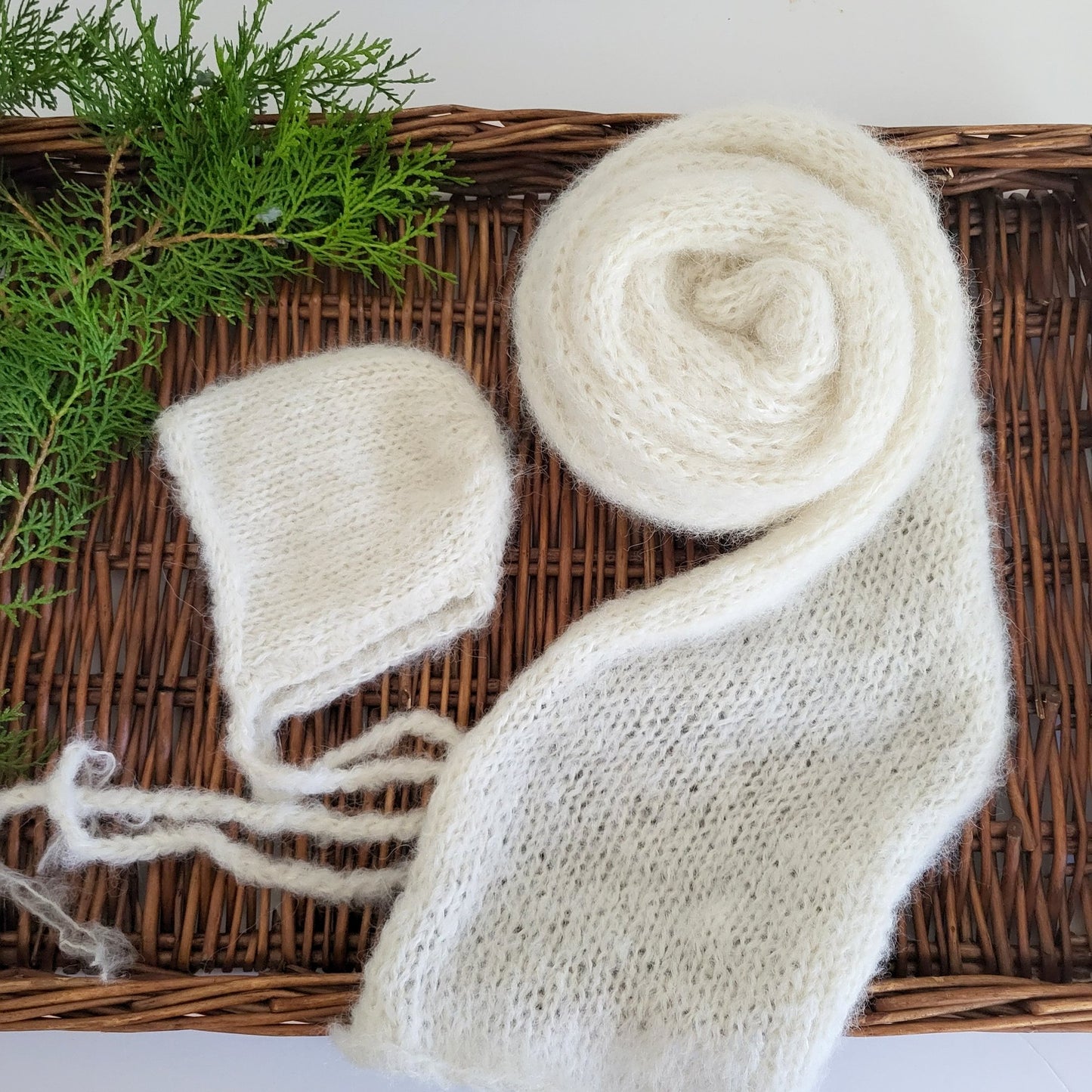 CREAM BONNET AND NEWBORN WRAP SET
