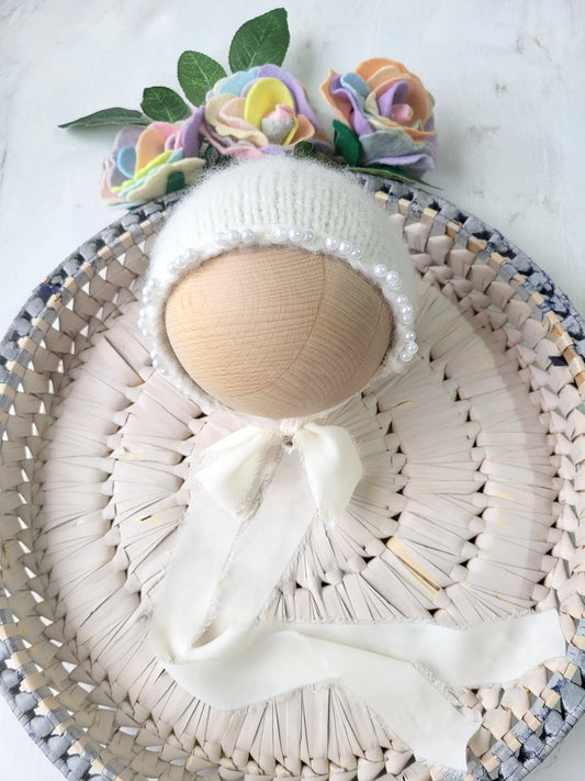 Handknit Cream Newborn bonnet with Ribbon ties and PEARLS (Ready to Send)