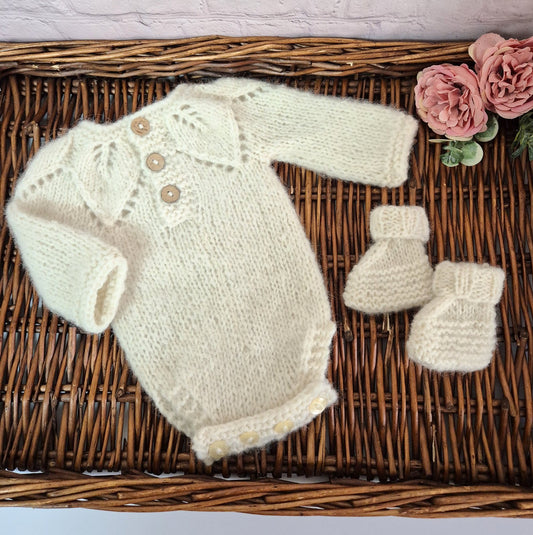 Cream Newborn Baby Romper and Bootie set with leaf pattern, knit in alpaca yarn   (Ready to Send)