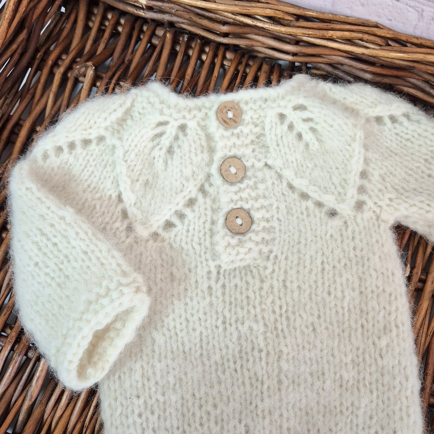 Cream Newborn Baby Romper and Bootie set with leaf pattern, knit in alpaca yarn   (Ready to Send)