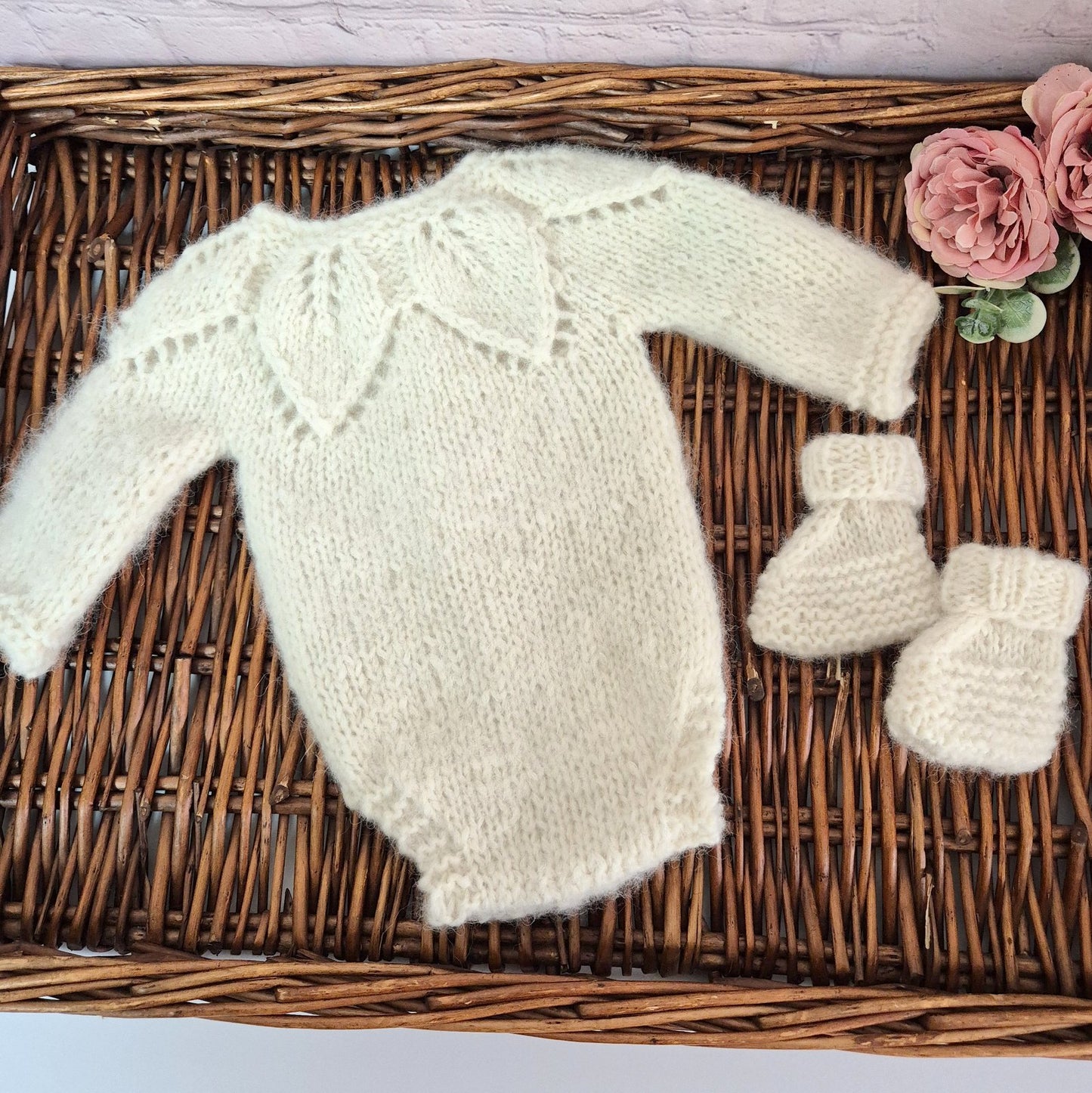 Cream Newborn Baby Romper and Bootie set with leaf pattern, knit in alpaca yarn   (Ready to Send)