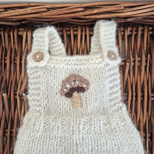 Handknit Newborn Dungaree style Romper in Cream Alpaca yarn, Embroidered Toadstool, Photography Prop (READY TO SEND)