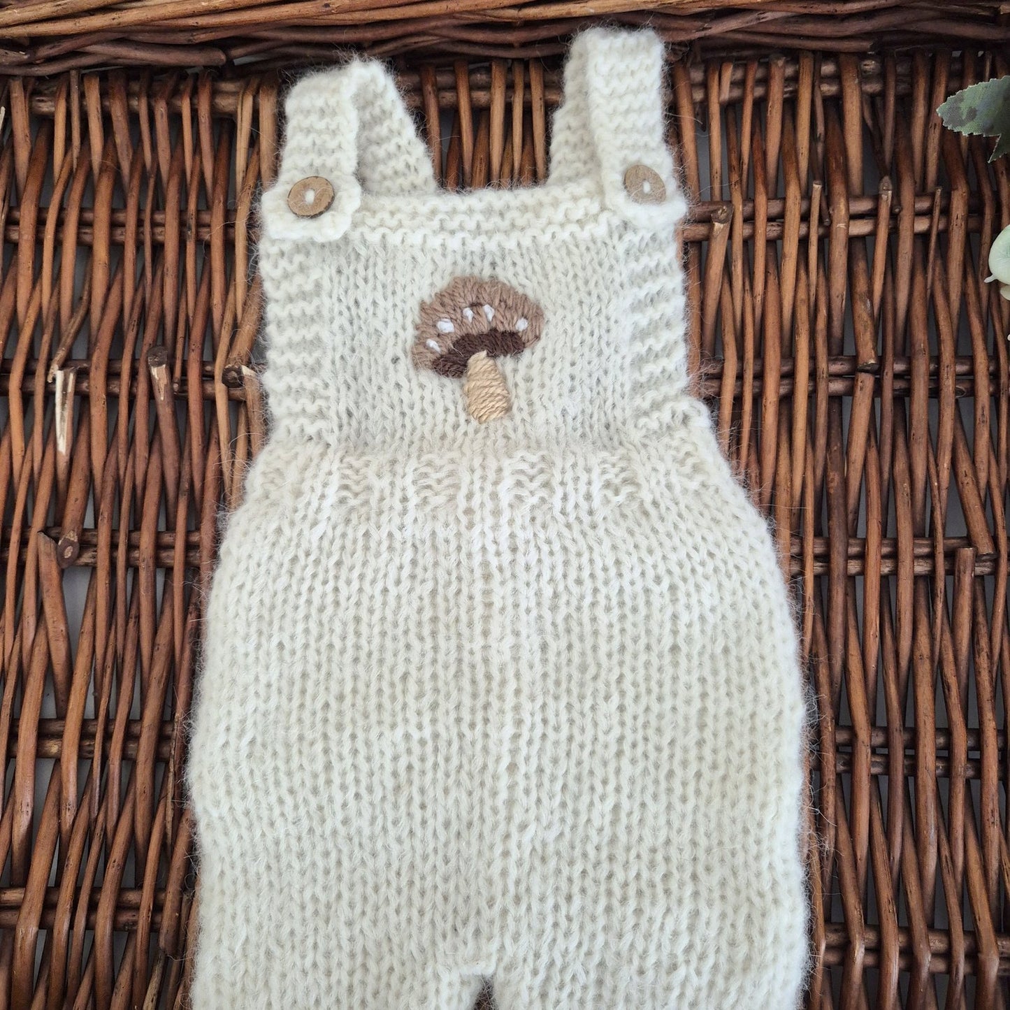 Handknit Newborn Dungaree style Romper in Cream Alpaca yarn, Embroidered Toadstool, Photography Prop (READY TO SEND)