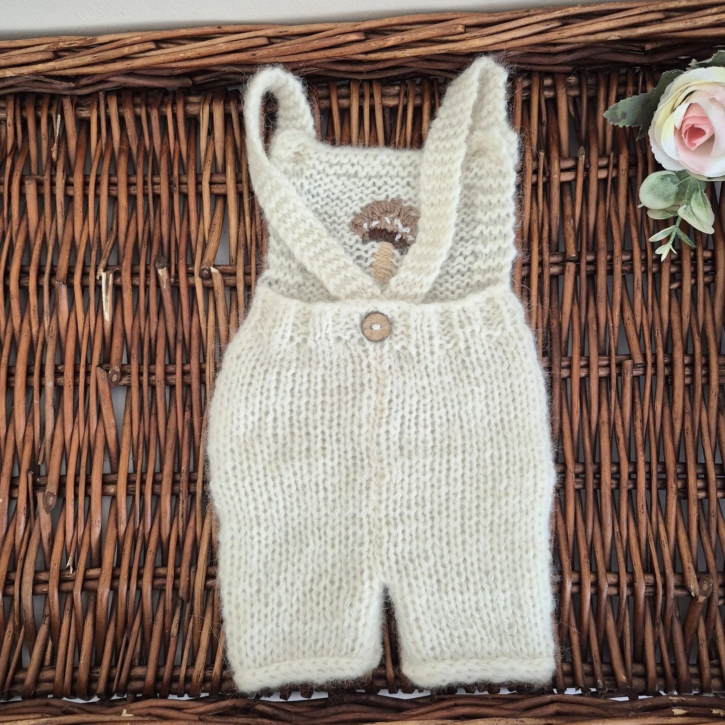 Handknit Newborn Dungaree style Romper in Cream Alpaca yarn, Embroidered Toadstool, Photography Prop (READY TO SEND)