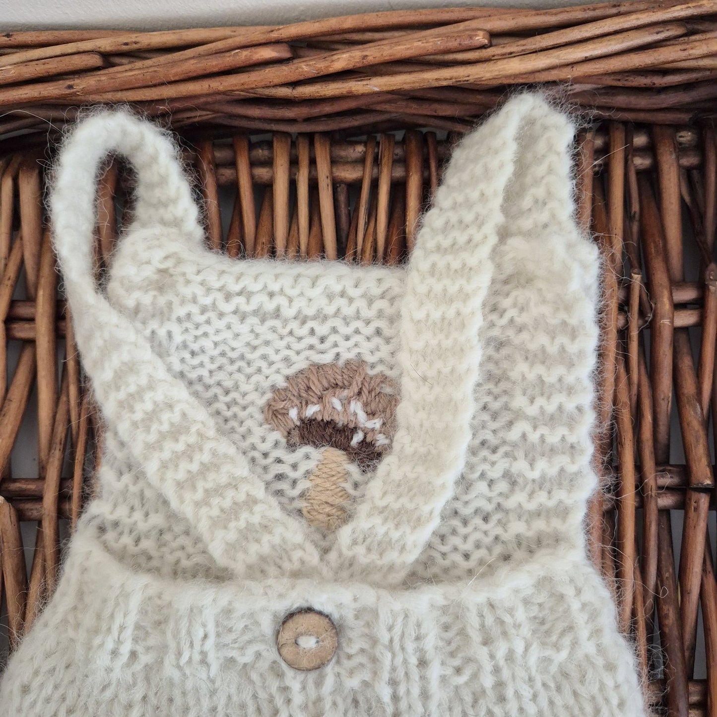 Handknit Newborn Dungaree style Romper in Cream Alpaca yarn, Embroidered Toadstool, Photography Prop (READY TO SEND)