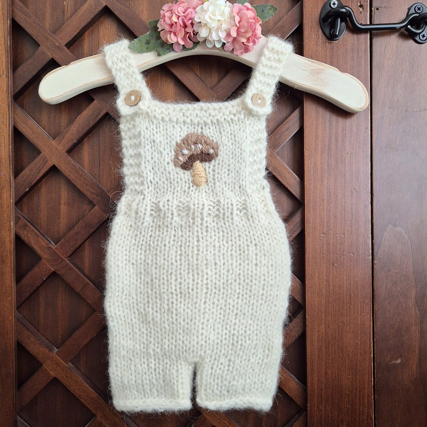 Handknit Newborn Dungaree style Romper in Cream Alpaca yarn, Embroidered Toadstool, Photography Prop (READY TO SEND)