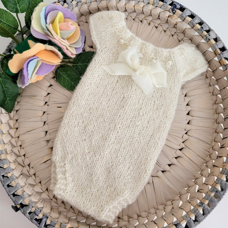 Pink or Cream Knitted alpaca Newborn Romper with pearls and bow (Made to order)