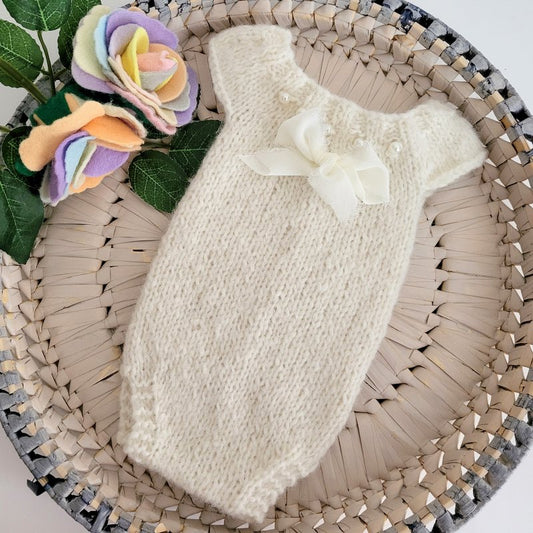 Pink or Cream Knitted alpaca Newborn Romper with pearls and bow (Made to order)