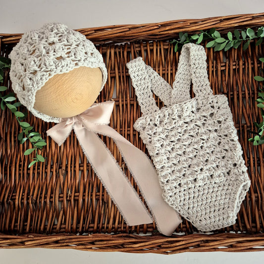 Newborn Baby Girl Beige Cotton Romper and Bonnet Set ( Ready to send)