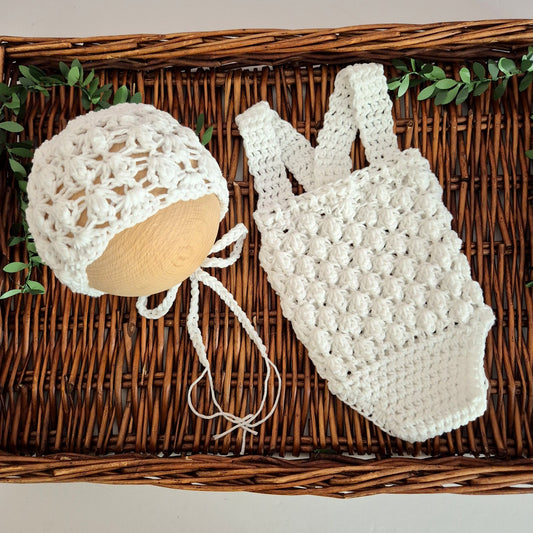 Newborn Baby Girl White Cotton Romper and Bonnet Set ( Ready to send)