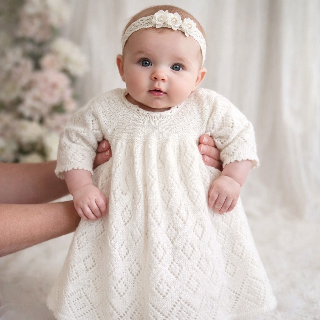 3 - 9 months White Knitted Lace Baptism / Christening Dress : Vintage Heirloom Gown.  (Ready to send) Cardigan
