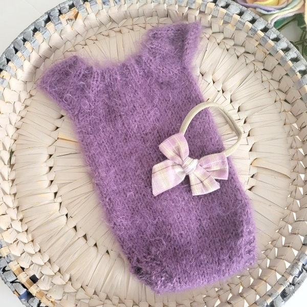 Smoky Purple fluffy alpaca Newborn Romper + FREE headband (Ready to Send)