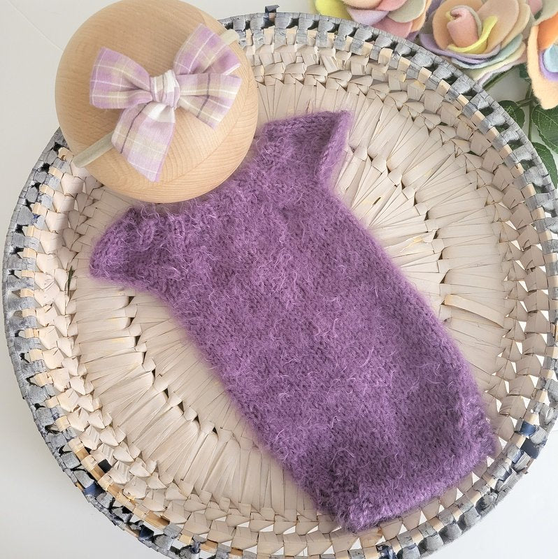 Smoky Purple fluffy alpaca Newborn Romper + FREE headband (Ready to Send)