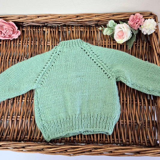 0-3 months Handmade Knitted Sage Green Baby Cardigan with Toadstools  (Ready to Send) (Copy)