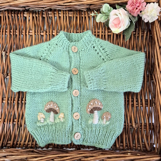 0-3 months Handmade Knitted Sage Green Baby Cardigan with Toadstools  (Ready to Send) (Copy)