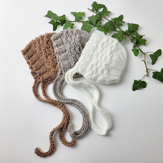 knitted baby bonnets in 0-3 months size white brown or beige