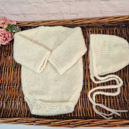Hand-Knit Baby Boy or Girl Long sleeved Romper and Bonnet Set | 0-3 Months. Cream Bodysuit with matching classic style bonnet.