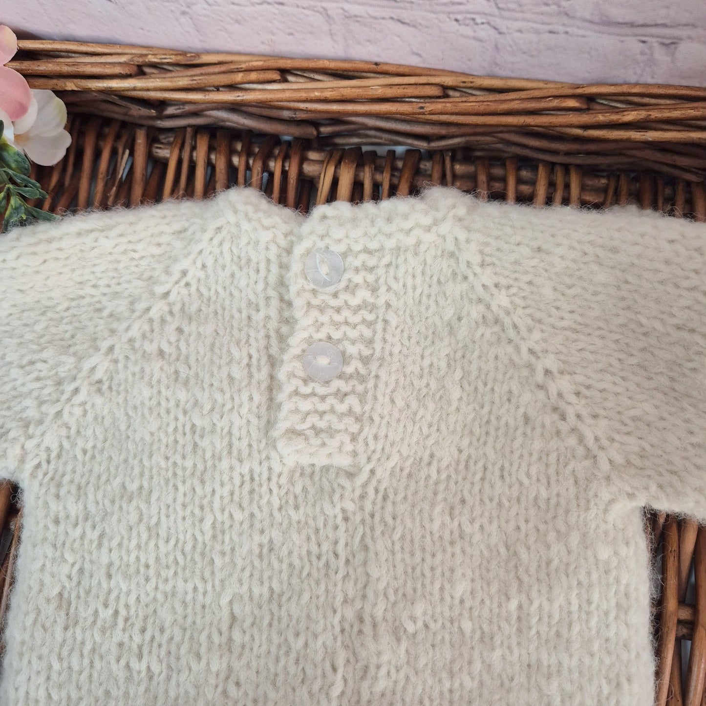 Hand-Knit Baby Boy or Girl Long sleeved Romper and Bonnet Set | 0-3 Months. Cream Bodysuit with matching classic style bonnet.