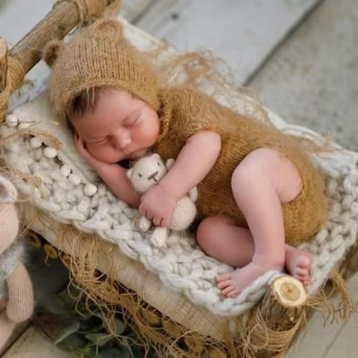 brown bear suit with bonnet for newborn photo shoots