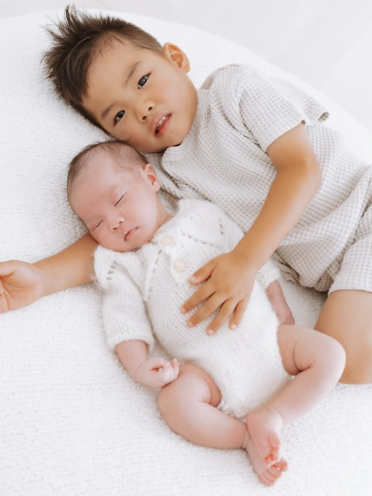 Handknit White Baby Romper and Bootie set with leaf pattern 0-3 months (Ready to Send)