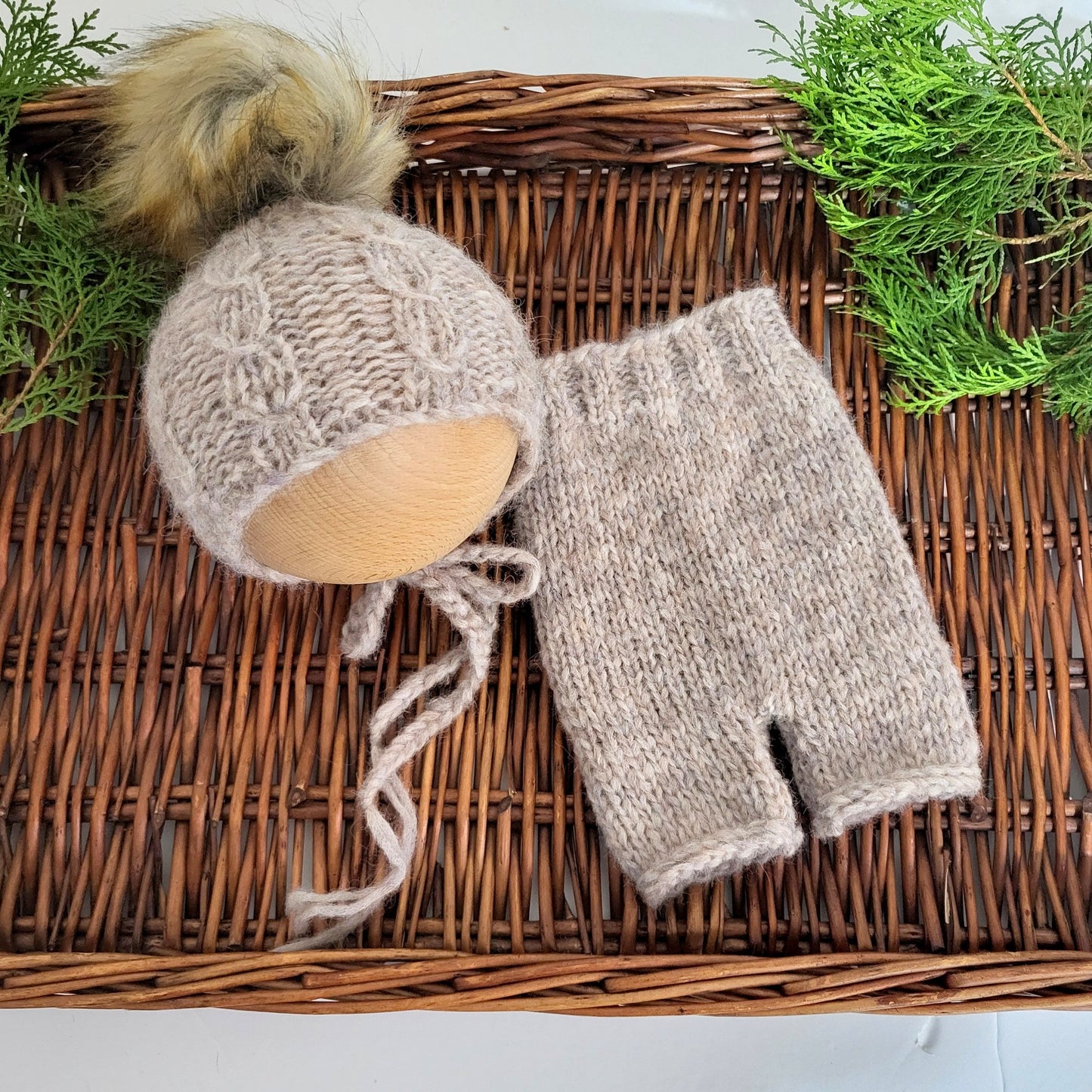 Light Beige Brown Knit Newborn Short Pants with a Cabled Pom Pom Bonnet  (Ready to Send) Newborn photo prop